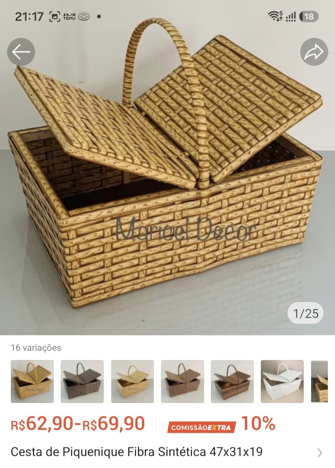 Cesta de Piquenique em Fibra Sintética 47×31×19 cm