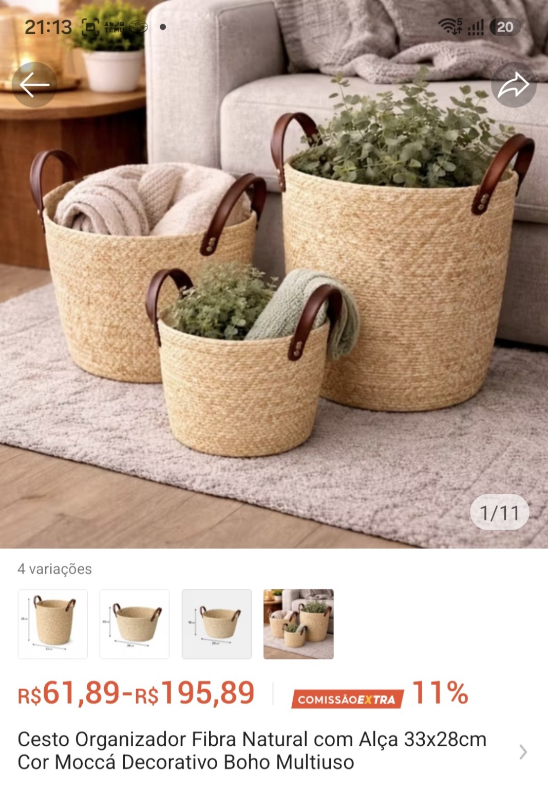 Cesto Organizador em Fibra Natural com Alça 33×28 cm