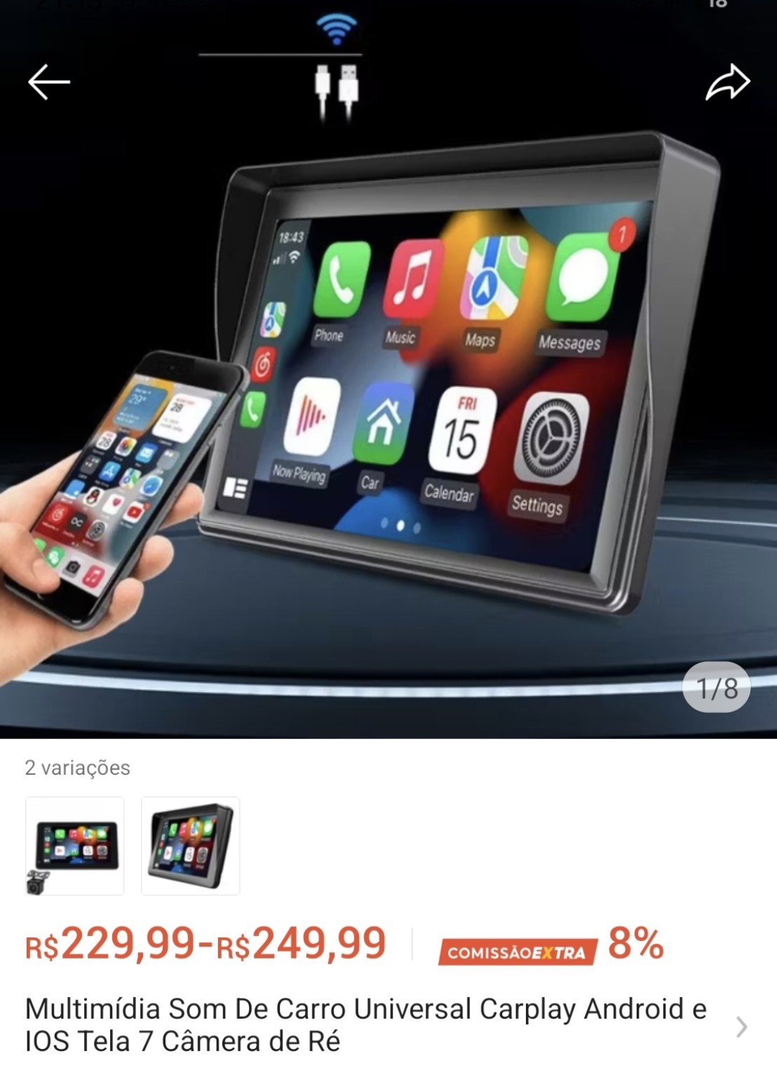 Multimídia Som de Carro Universal CarPlay/Android — Tela 7″