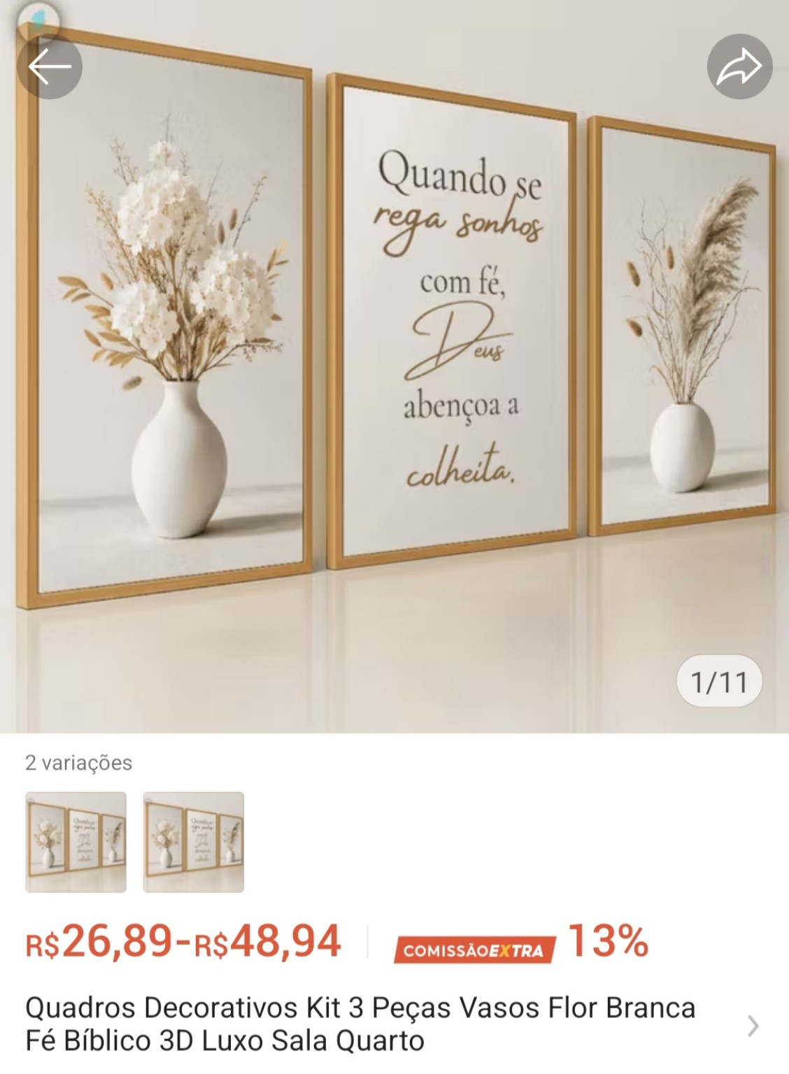 Quadros Decorativos Kit 3 Peças — Vaso, Flor Branca e Fé