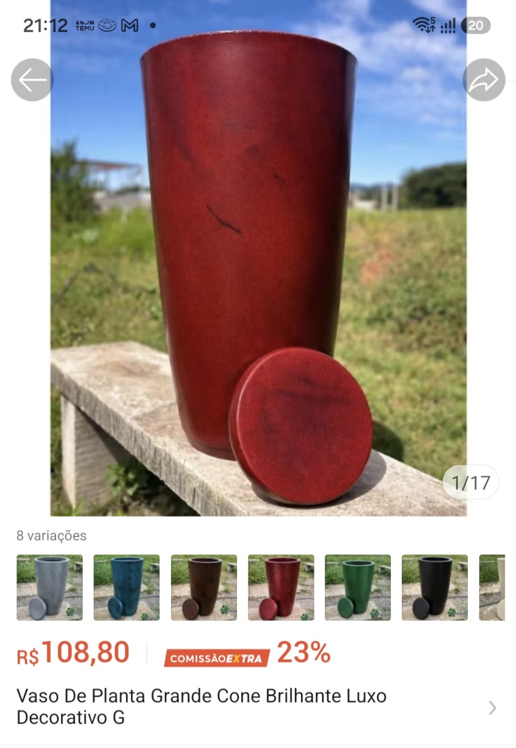 Vaso de planta grande cone brilhante